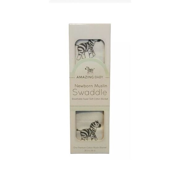 AMAZING BABY Newborn Muslin 100% Cotton Swaddle Zebra White Black 36”x36”Blanket - Picture 1 of 4